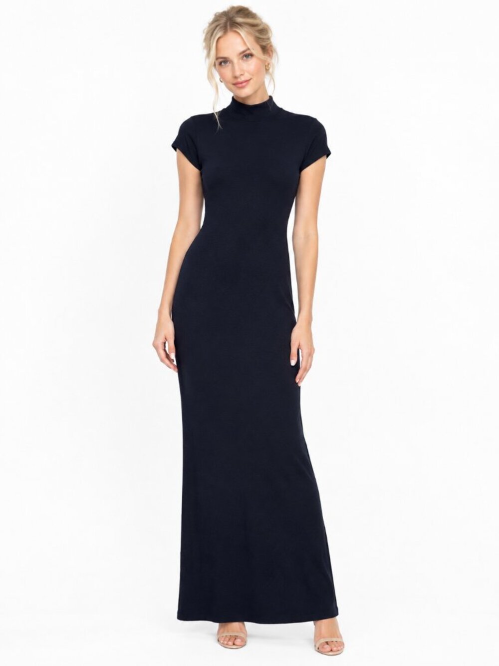 Travis Taddeo Cindy Mock Neck Knit Evening Gown Cap Sleeve Maxi Navy XS #A4590